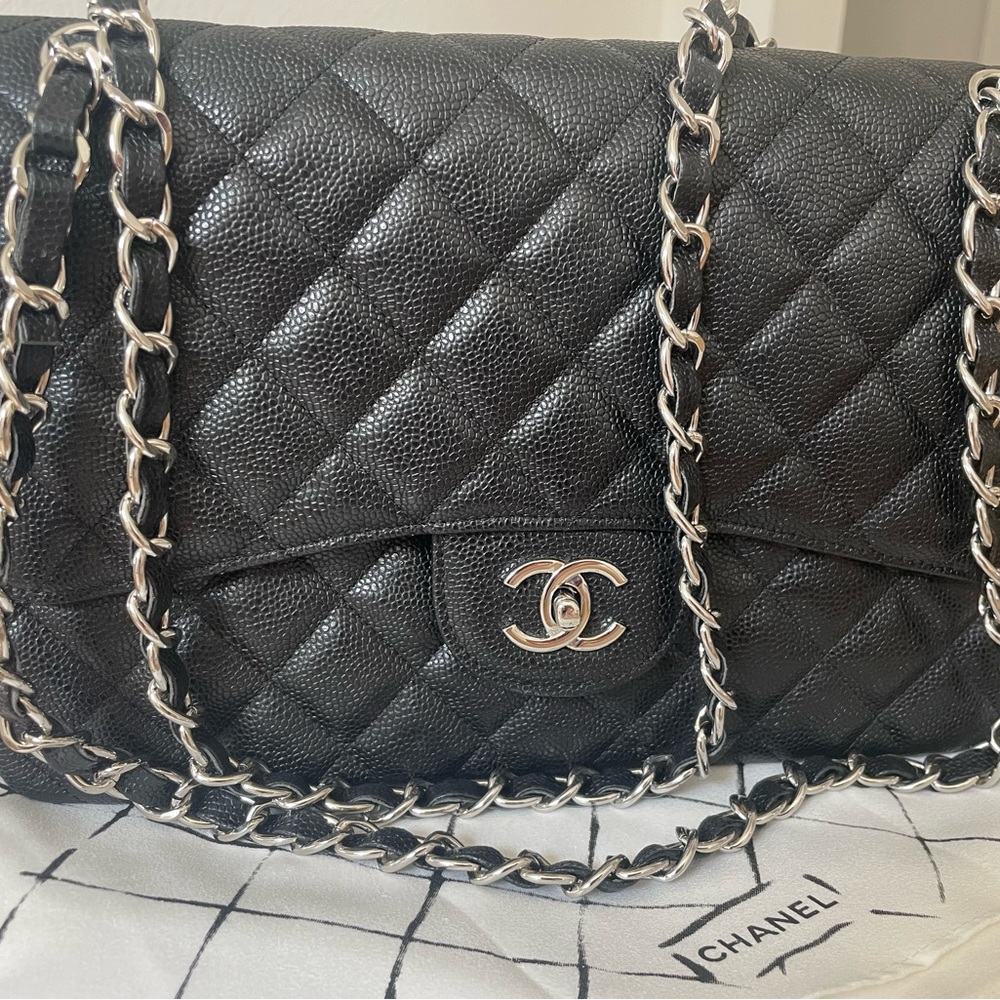 Chanel Classic Double Flap Caviar Quilted Jumbo Black Leather Shoulder Bag